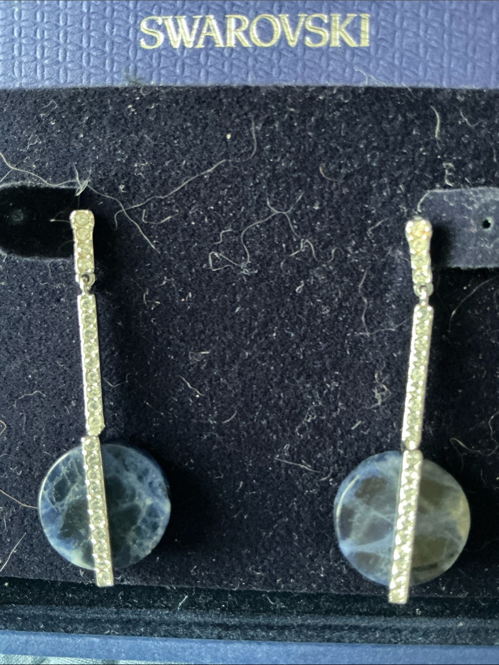 Swarovski Silver Tone Linear Drop Earrings with Iridescent Blue-Green Discs